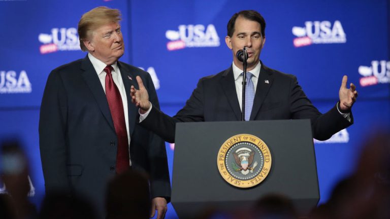 President Trump and Wisconsin Gov. Scott Walker participate in a groundbreaking ceremony for the $10 billion Foxconn factory complex in June.