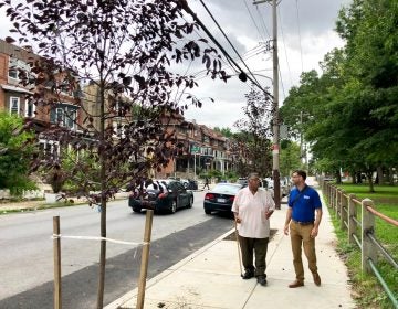 Gregorio Pac Cojulun (left), and Dan Schupsky, an outreach specialist, stroll along one of the new sidewalks. (Meir Rinde/PlanPhilly)