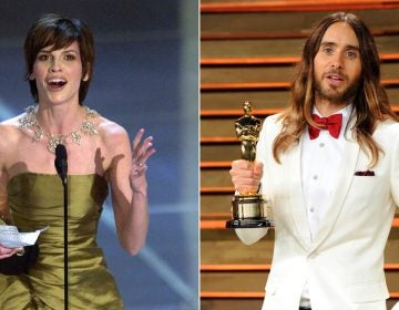 In this combination photo, Hilary Swank accepts the Oscar for best actress for her role in 