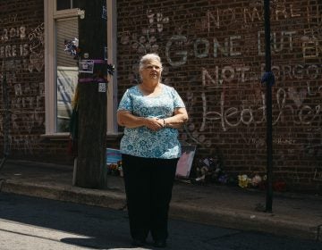 Susan Bro stands on 4th Street SE in Charlottesville, Va., where where her daughter Heather Heyer was killed. Heyer died in August 2017 during a violent white nationalist rally.
(Justin T. Gellerson for NPR)