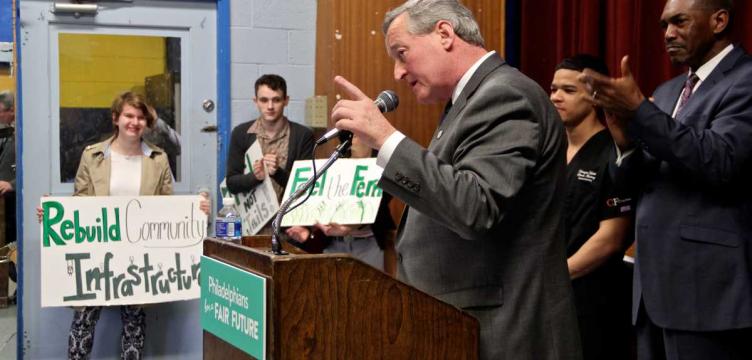 Mayor Jim Kenney, in March 2016, pitching the beverage tax as key to paying for his Rebuild initiative. (PlanPhilly)