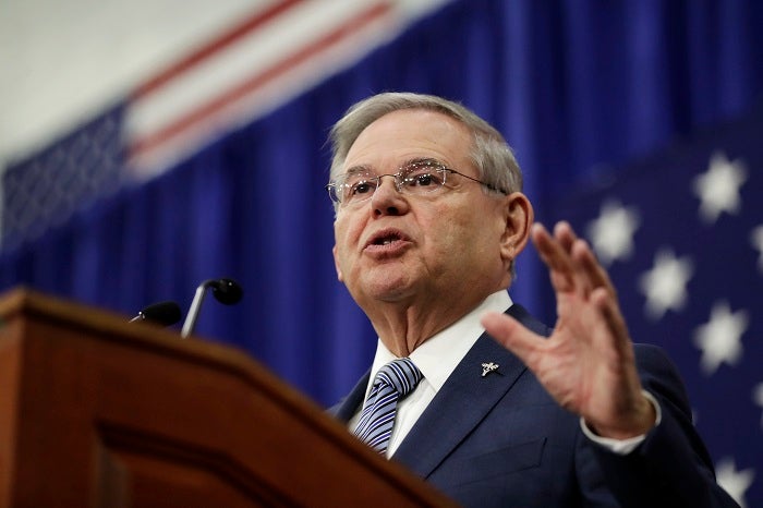 U.S. Sen. Bob Menendez speaks during an event kicking off his campaign for re-election at Union City High School, Wednesday, March 28, 2018, in Union City, N.J. (AP Photo/Julio Cortez)