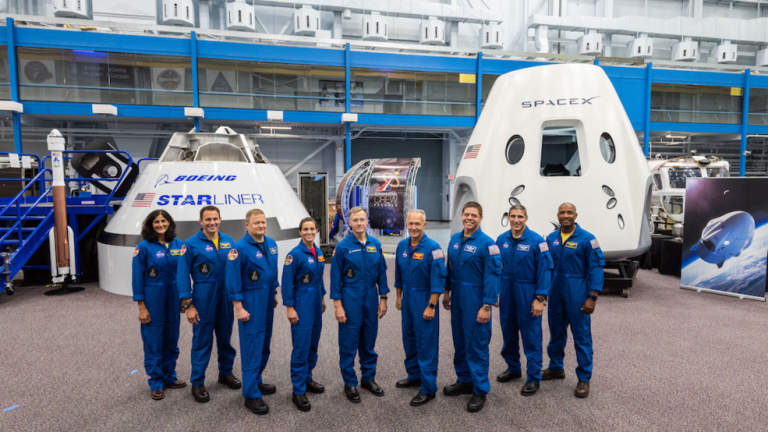 NASA has named nine astronauts to crew the first test flights and missions of Boeing's CST-100 Starliner and SpaceX's Crew Dragon capsule. (From left) Sunita Williams, Josh Cassada, Eric Boe, Nicole Mann, Christopher Ferguson, Douglas Hurley, Robert Behnken, Michael Hopkins and Victor Glover. (NASA)