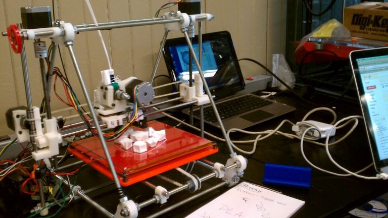 A 3D printer at work in Philadelphia's NextFab studios. (Kimberly Paynter/WHYY)