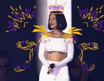 Rihanna performs on stage at the BRIT Awards in 2016. (Photo Illustration Ian Gavan/Getty Images and Angela Hsieh/NPR)