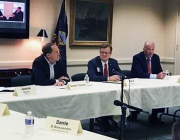 Toomey made an appearance at the Pennsylvania Manufacturer's Association to talk trade with PA business owners. (Katie Meyer/WITF)