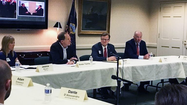 Toomey made an appearance at the Pennsylvania Manufacturer's Association to talk trade with PA business owners. (Katie Meyer/WITF)