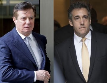 In these 2018 file photos, Paul Manafort leaves federal court in Washington, left and attorney Michael Cohen leaves federal court in New York. The one-two punch ahead of the midterm elections _ the plea from former Trump lawyer Cohen and the fraud conviction of one-time campaign chairman Manafort _ is presenting the biggest loyalty test yet for Republicans who have been reluctant to criticize the president. (AP Photo/File)