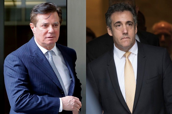 In these 2018 file photos, Paul Manafort leaves federal court in Washington, left and attorney Michael Cohen leaves federal court in New York. The one-two punch ahead of the midterm elections _ the plea from former Trump lawyer Cohen and the fraud conviction of one-time campaign chairman Manafort _ is presenting the biggest loyalty test yet for Republicans who have been reluctant to criticize the president. (AP Photo/File)