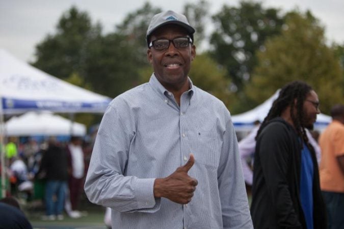 Philadelphia City Council President Darrell Parke visits his constituents at Strawberry Mansion Day. (Emily Cohen for WHYY)