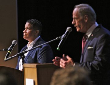 Democratic U.S. Senate candidates Kerri Evelyn Harris and incumbent Sen. Tom Carper debate in advance of Thursday's primary election. (Emma Lee/WHYY)