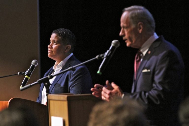 Democratic U.S. Senate candidates Kerri Evelyn Harris and incumbent Sen. Tom Carper debate in advance of Thursday's primary election. (Emma Lee/WHYY)