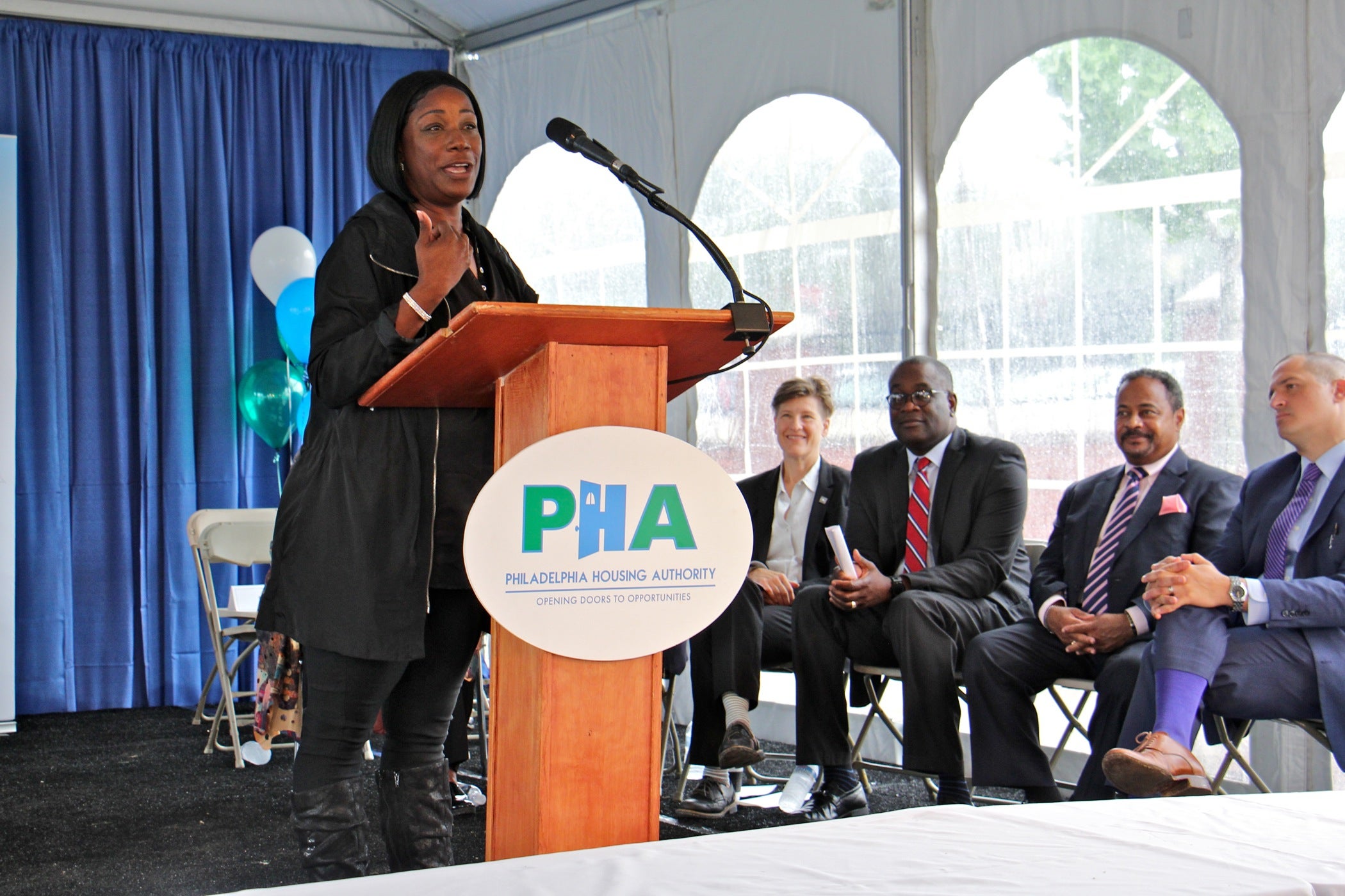 Donna Richardson, president of the Norris Apartments Resident Council, speaks at the groundbreaking ceremony for Norris Apartments Phase III, which will partially replace the original Norris Homes development of the 1950s. 