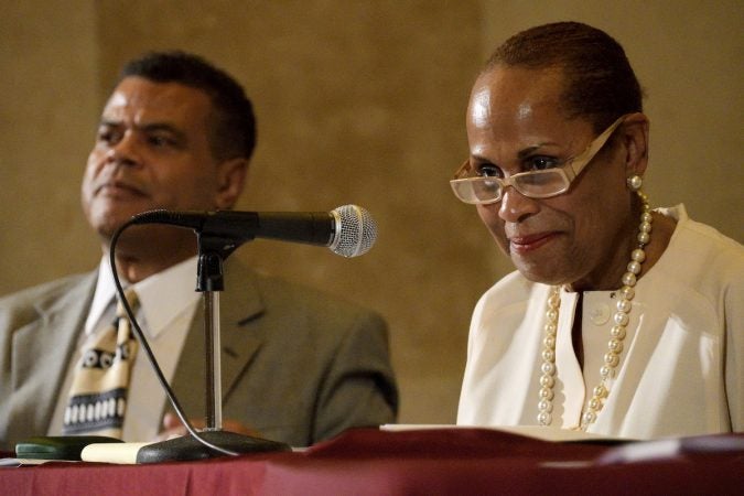 Vivienne Crawford moderates the “Opening the Gates” forum, a discussion at Girard College on the 50th anniversary of the desegregation of the school. (Bastiaan Slabbers for WHYY)