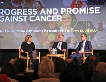Dr. Dario Altieri (center), president and CEO of the Wistar Institute, talks about the road to FDA approval for cancer treatments during a discussion with Abramson Cancer Center Director Robert Vonderheide (right).
The discussion was moderated by Maiken Scott (left), host of WHYY's The Pulse. (Emma Lee/WHYY)