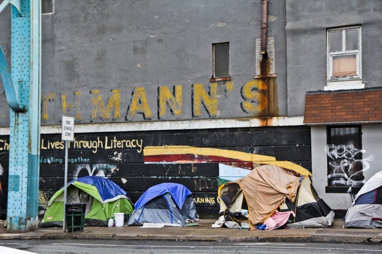 People were evicted from an encampment at Kensington and Tulip Streets in May. The city of Philadelphia released its “Roadmap to Homes” Wednesday, a plan to reduce street homelessness by 5 percent every year for the next five years. (Kimberly Paynter/WHYY)