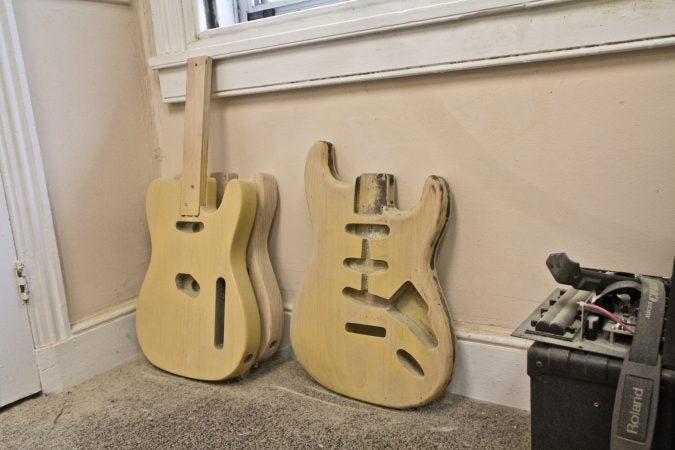 Electric guitar bodies at Superior Guitar Works in Flourtown. (Kimberly Paynter/WHYY)