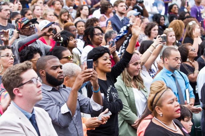 Philadelphians cheer Obama at the Dell Music Center in North Philadelphia. (Kimberly Paynter/WHYY)