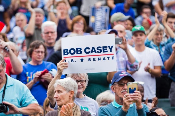 Supporters cheer for the re-election of U.S. Sen. Bob Casey Friday. (Kimberly Paynter/WHYY)