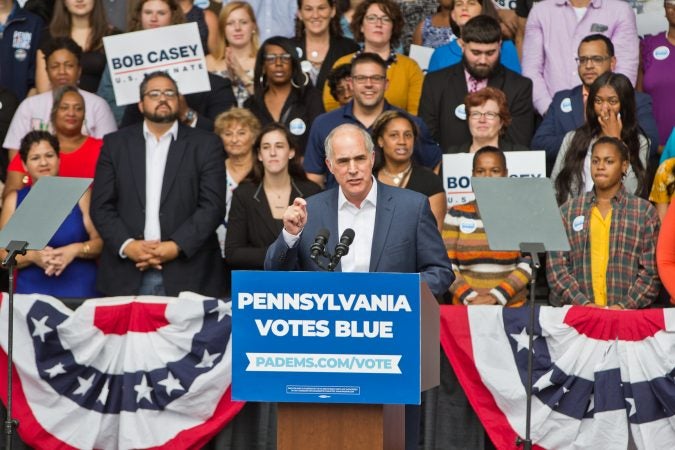 U.S. Sen. Bob Casey speaks to supporters at the Dell Music Center in North Philadelphia. (Kimberly Paynter/WHYY)