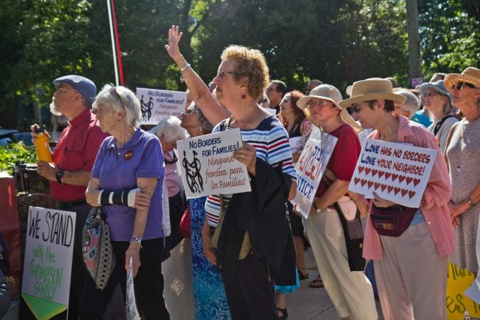 Members of the First United Methodist Church of Germantown’s congregation gather to support the Reyes and Thompson families. (Kimberly Paynter/WHYY)