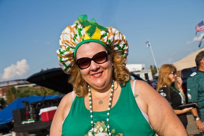 Megan Geise sports her Super Bowl Parade, Jason Kelce Mummers hat, at the Eagles' season opener. (Kimberly Paynter/WHYY)