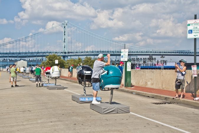 Eagles fans celebrate the opening of football season at Penn’s Landing in Philadelphia. (Kimberly Paynter/WHYY)