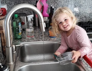 Rosy does dishes. Getting the 2-year-old involved in chores did lead to the kitchen being flooded and dishes being broken. But now she is still eager to help. (Michaeleen Doucleff/NPR)