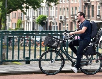 A man talks on the phone while he rides a bike in Amsterdam. Legislation proposed in the Netherlands would impose a fine on bicyclists who use a mobile phone while they're on their bikes.
(FaceMePLS/Flickr)
