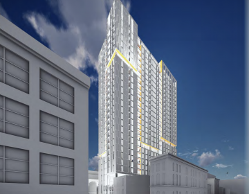 A rendering of the Erdy McHenry Architecture-designed tower proposed by Parkway Corp. for 709 Chestnut St. (Courtesy of Parkway Corp./Erdy McHenry Architecture)