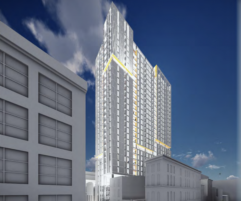 A rendering of the Erdy McHenry Architecture-designed tower proposed by Parkway Corp. for 709 Chestnut St. (Courtesy of Parkway Corp./Erdy McHenry Architecture)