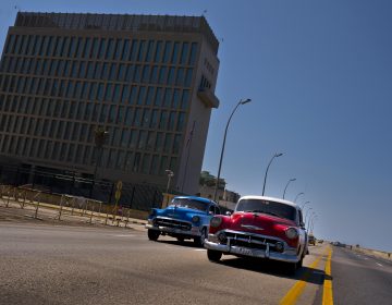 Cars drive passt the United States Embassy in Havana, Cuba, Friday, March 2, 2018. Citing mysterious 