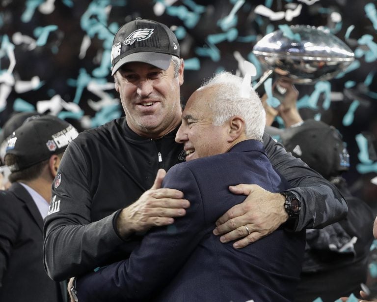 FILE - In this Feb. 4, 2018, file photo, Philadelphia Eagles owner Jeffrey Lurie, right, and head coach Doug Pederson celebrate after the NFL Super Bowl 52 football game against the New England Patriots, in Minneapolis. Before the Eagles begin their quest for a repeat, they'll have one more celebration when the first Super Bowl banner in franchise history is unveiled in front of a sellout crowd that waited forever to witness the moment. 