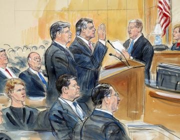 This courtroom sketch depicts former Donald Trump campaign chairman Paul Manafort, (center), and his defense lawyer Richard Westling, (left), before U.S. District Judge Amy Berman Jackson, (seated upper right), at federal court in Washington, Friday, Sept. 14, 2018, as prosecutors Andrew Weissmann, (bottom center), and Greg Andres watch. Manafort has pleaded guilty to two federal charges as part of a cooperation deal with prosecutors. (Dana Verkouteren via AP)