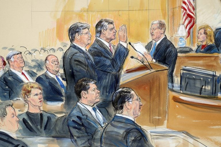 This courtroom sketch depicts former Donald Trump campaign chairman Paul Manafort, (center), and his defense lawyer Richard Westling, (left), before U.S. District Judge Amy Berman Jackson, (seated upper right), at federal court in Washington, Friday, Sept. 14, 2018, as prosecutors Andrew Weissmann, (bottom center), and Greg Andres watch. Manafort has pleaded guilty to two federal charges as part of a cooperation deal with prosecutors. (Dana Verkouteren via AP)