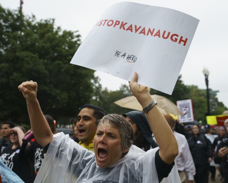 Protesters march from the Supreme Court to Hart Senate Office Building on Capitol Hill in Washington, Monday, Sept. 24, 2018. A second allegation of sexual misconduct has emerged against Judge Brett Kavanaugh, a development that has further imperiled his nomination to the Supreme Court, forced the White House and Senate Republicans onto the defensive and fueled calls from Democrats to postpone further action on his confirmation. President Donald Trump is so far standing by his nominee. (AP Photo/Carolyn Kaster)