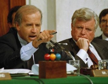 In this Oct. 12, 1991 file photo Senate Judiciary Committee Chairman Joe Biden, D-Del., points angrily at Clarence Thomas during comments at the end of hearings on Thomas' nomination to the Supreme Court on Capitol Hill. Sen. Edward Kennedy, D-Mass. looks on at right. (Greg Gibson/AP Photo, File)