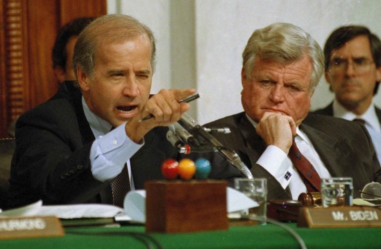 In this Oct. 12, 1991 file photo Senate Judiciary Committee Chairman Joe Biden, D-Del., points angrily at Clarence Thomas during comments at the end of hearings on Thomas' nomination to the Supreme Court on Capitol Hill. Sen. Edward Kennedy, D-Mass. looks on at right. (Greg Gibson/AP Photo, File)