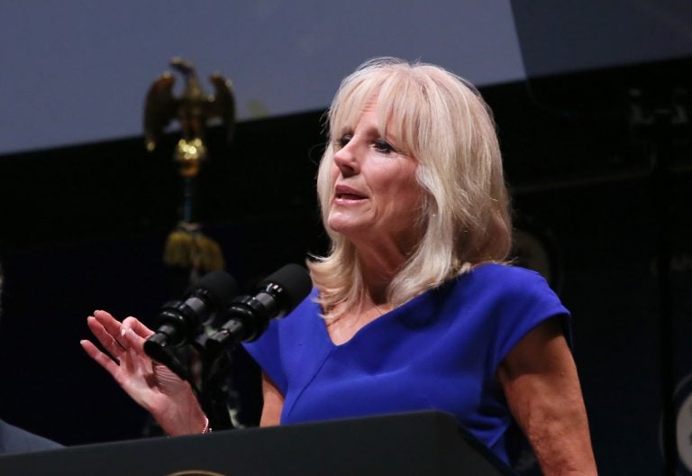 Dr. Jill Biden speaks about Cancer Moonshot, an initiative to advance scientific research for cancer, at The Social Good Summit at the 92nd Street Y in New York, Monday, Sept. 19, 2016. (Stuart Ramson/AP Images for UN Foundation)