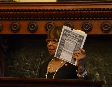 Philadelphia Councilwoman Blondell Reynolds-Brown holds up a test to check for excessive salt in food. A new city law requires restaurants to warn diners of high-sodium menu items. (Tom MacDonald/WHYY)