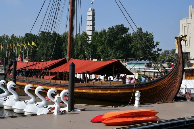 The oar-powered Draken Harald Harfagre viking ship is moored at Penn's Lansing, on Monday. (Bastiaan Slabbers for WHYY)