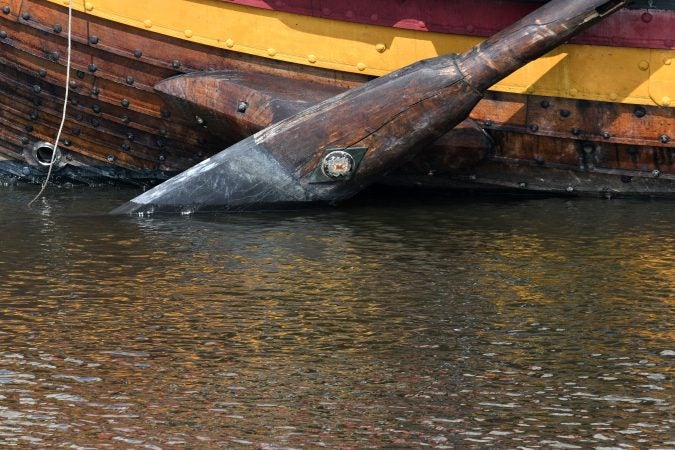 The oar-powered Draken Harald Harfagre viking ship is moored at Penn's Lansing, on Monday. (Bastiaan Slabbers for WHYY)