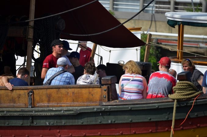 The oar-powered Draken Harald Harfagre viking ship is moored at Penn's Lansing, on Monday. (Bastiaan Slabbers for WHYY)