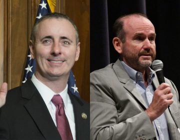 Left: Rep. Brian Fitzpatrick (AP Photo/Zach Gibson)
Right: Scott Wallace (Bastiaan Slabbers for WHYY)