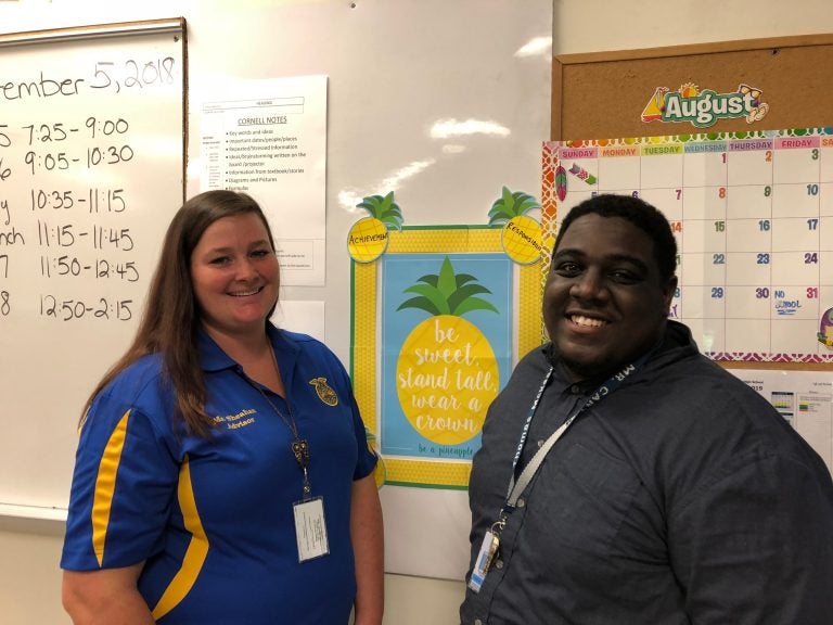 McKean High School teachers Rebecca Sheehan and Jaimin Carter both hope to take advantage of a new Delaware law that could pay up to $10,000  of their student loans over five years. (Cris Barrish/WHYY News)