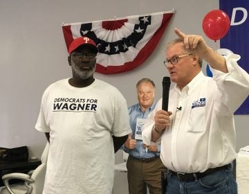 Republican gubernatorial candidate Scott Wagner (right) opens new Philadelphia office with supporter Tracey L. Fisher (Dave Davies/WHYY)