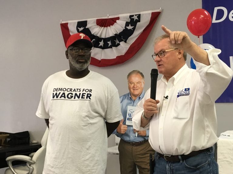 Republican gubernatorial candidate Scott Wagner (right) opens new Philadelphia office with supporter Tracey L. Fisher (Dave Davies/WHYY)