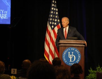 Former Vice President Joe Biden speaks at a Biden Institute conference on revitalizing the middle class at the University of Delaware. On Tuesday, the university announced it has named its public policy department in his honor. (Mark Eichmann/WHYY)