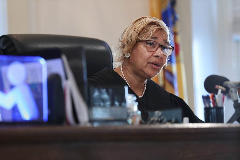 Judge Paula T. Dow addresses the lawyers during a hearing on missing funds in the Johnny Bobbitt case in the Olde Historic Courthouse in Mt. Holly, NJ on September 5, 2018.  McClure and D’Amico are accused of mismanaging the money raised for Bobbitt. (David Maialetti/The Philadelphia Inquirer via AP, Pool)