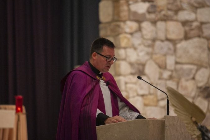 Father Joseph Szolack speak during an evening of prayer for the victims of abuse host by the Bishop of Camden on September 28, 2018 in Blackwood, New Jersey. (Miguel Martinez  for WHYY)